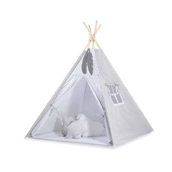 Tipi Lektält med lekmatta och dekorfjädrar- Vita Prickar på grå