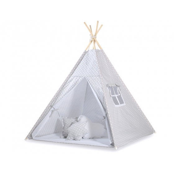 Tipi Lektält med lekmatta och dekorfjädrar- Vita Prickar på grå