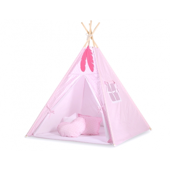 Tipi Lektält med lekmatta och dekorfjädrar- Vita Prickar på rosa