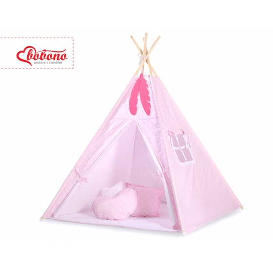 Tipi Lektält med lekmatta och dekorfjädrar- Vita Prickar på rosa