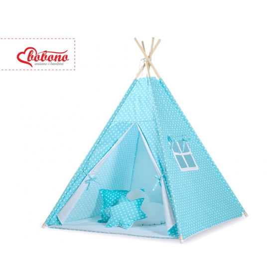Tipi Lektält med lekmatta och dekorfjädrar- Vita Prickar på turquoise