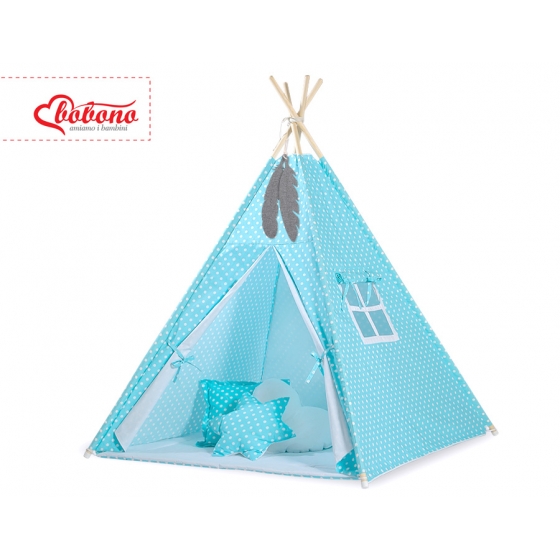 Tipi Lektält med lekmatta och dekorfjädrar- Vita Prickar på turquoise