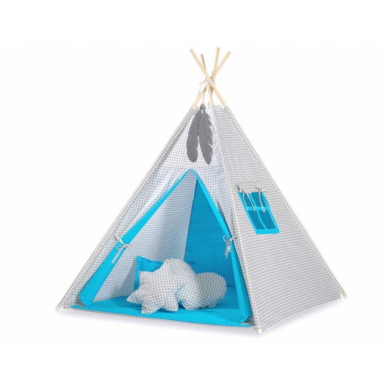 Tipi Lektält med Tipitält och dekorfjädrar- Grey checkered-turquoise