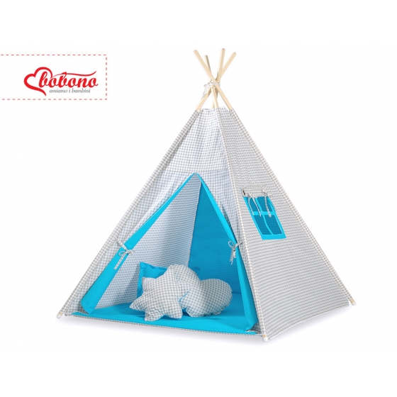 Tipi Lektält med Tipitält och dekorfjädrar- Grey checkered-turquoise