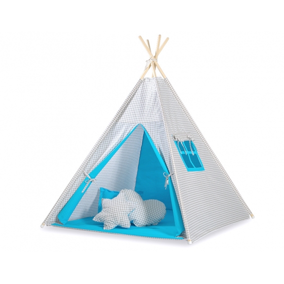Tipi Lektält med Tipitält och dekorfjädrar- Grey checkered-turquoise
