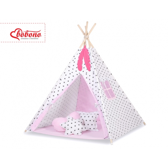 Tipi lektält och dekorfjädrar Black stjärnor/rosa