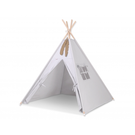 Tipi lektält och dekorfjädrar grå
