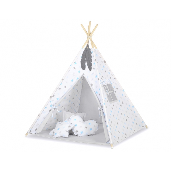 Tipi lektält och dekorfjädrar Grå-Blå stjärnor/grå