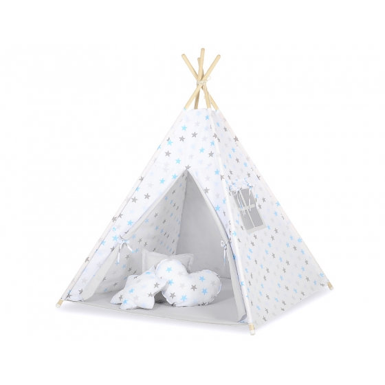 Tipi lektält och dekorfjädrar Grå-Blå stjärnor/grå