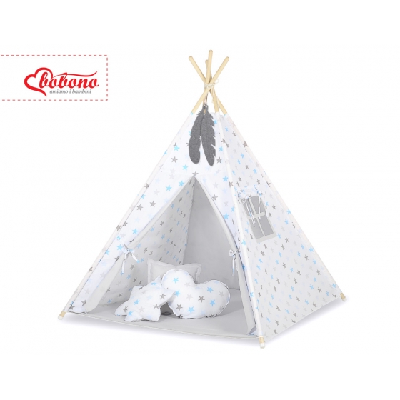Tipi lektält och dekorfjädrar Grå-Blå stjärnor/grå