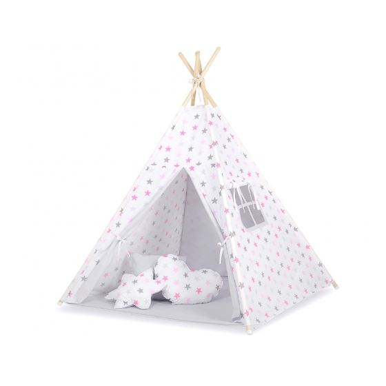 Tipi lektält och dekorfjädrar Grå-rosa stjärnor/grå
