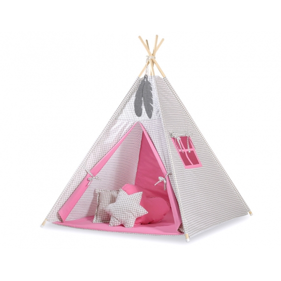 Tipi lektält och dekorfjädrar Grå checkered- rosa