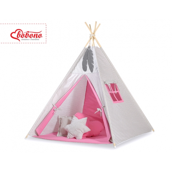 Tipi lektält och dekorfjädrar Grå checkered- rosa