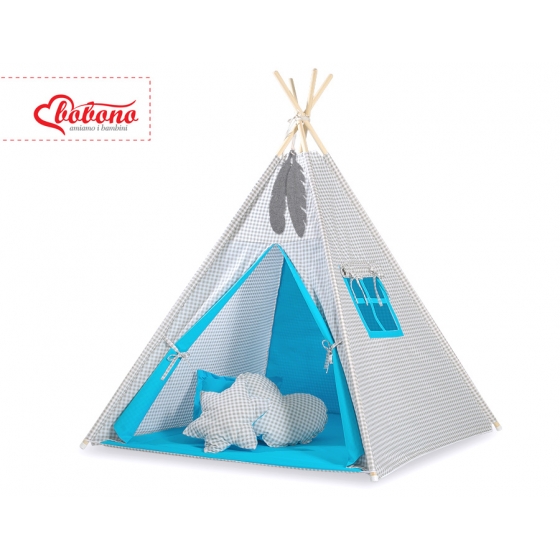 Tipi lektält och dekorfjädrar Grå checkered- turquoise