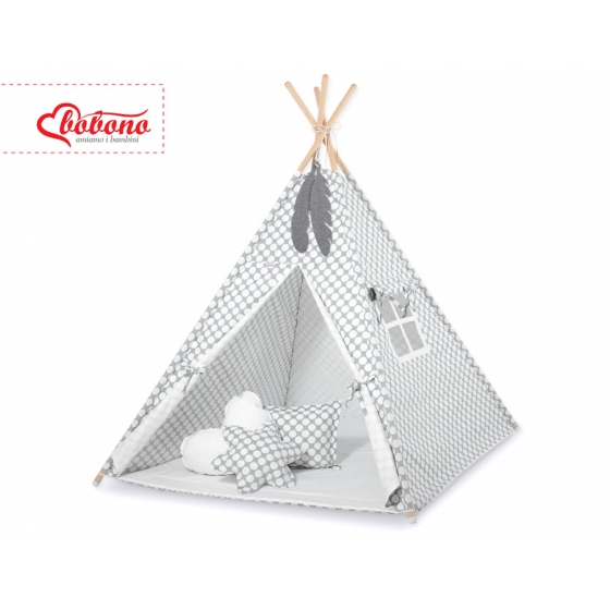 Tipi lektält och dekorfjädrar grey med Vita Prickar