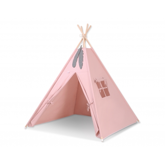 Tipi lektält och dekorfjädrar pastel rosa