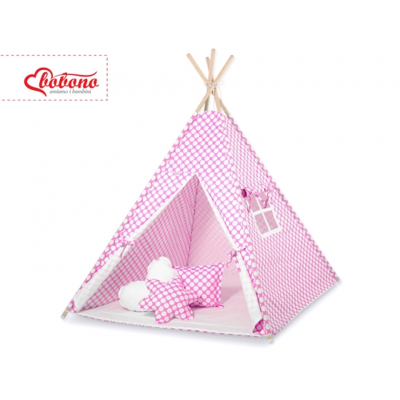 Tipi lektält och dekorfjädrar rosa med Vita Prickar