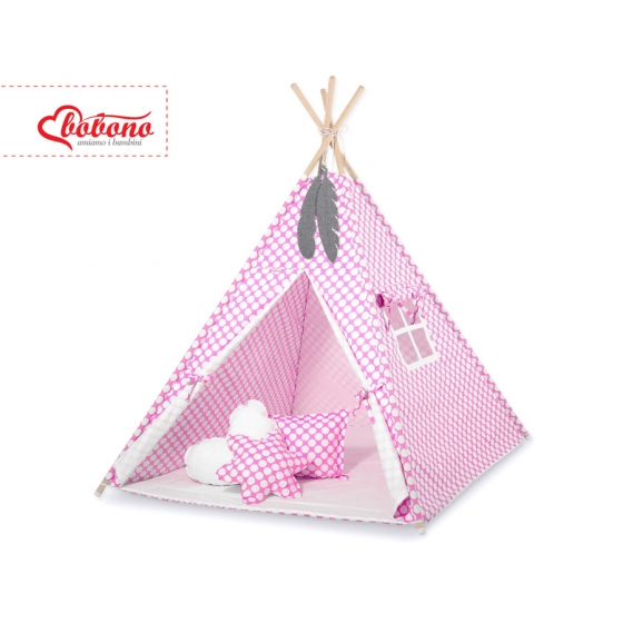 Tipi lektält och dekorfjädrar rosa med Vita Prickar