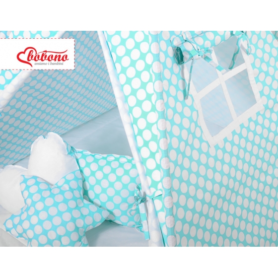Tipi lektält och dekorfjädrar turquoise med Vita Prickar