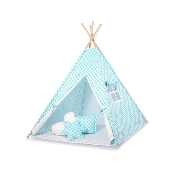 Tipi lektält och dekorfjädrar turquoise med Vita Prickar
