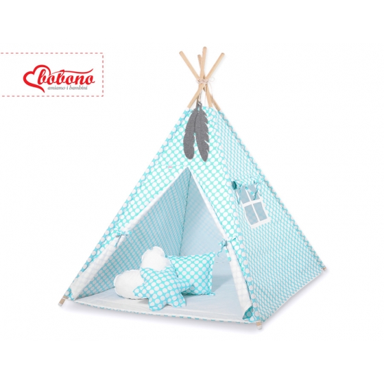 Tipi lektält och dekorfjädrar turquoise med Vita Prickar