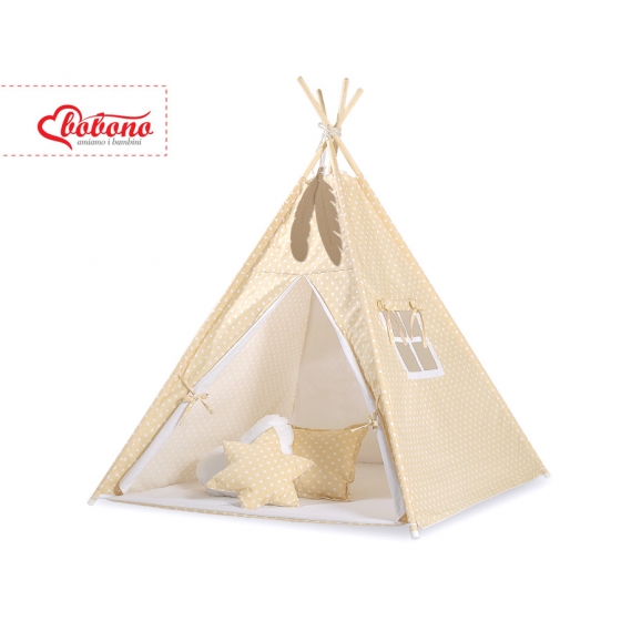 Tipi lektält och dekorfjädrar Vita Prickar på beige