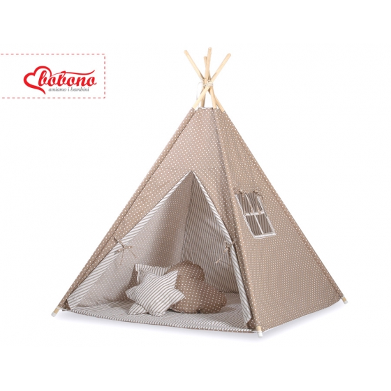 Tipi lektält och dekorfjädrar Vita Prickar på brown/beige ränder