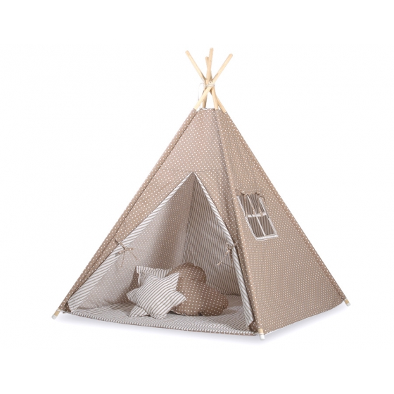 Tipi lektält och dekorfjädrar Vita Prickar på brown/beige ränder