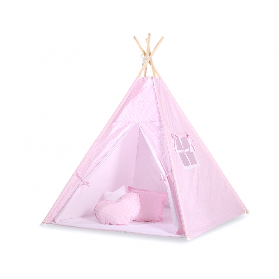 Tipi lektält och dekorfjädrar Vita Prickar på rosa
