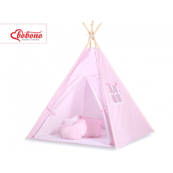Tipi lektält och dekorfjädrar Vita Prickar på rosa